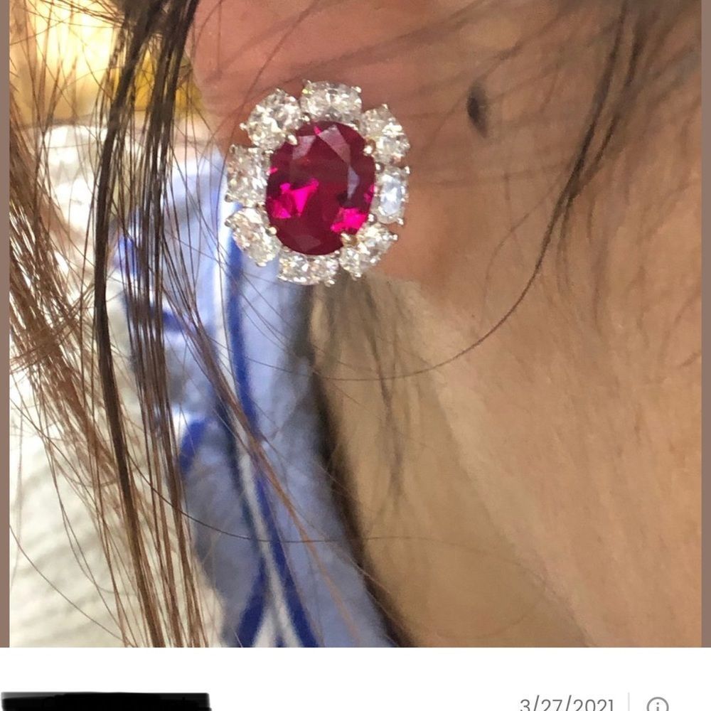 Ruby halo white sapphire‎ earrings - Picture 5 of 10
